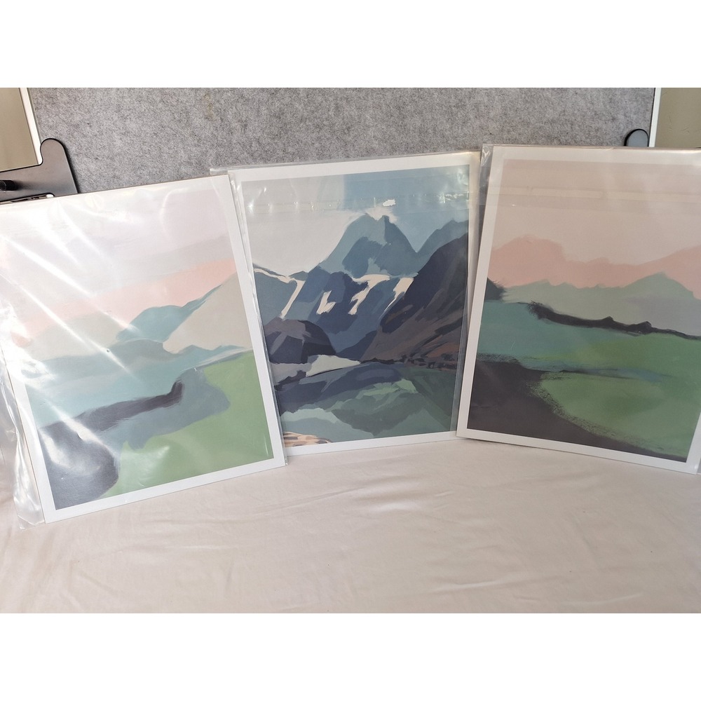 Set of 3 Abstract Mountain Landscape Art Prints 11x14 Green Pink Blue Decor